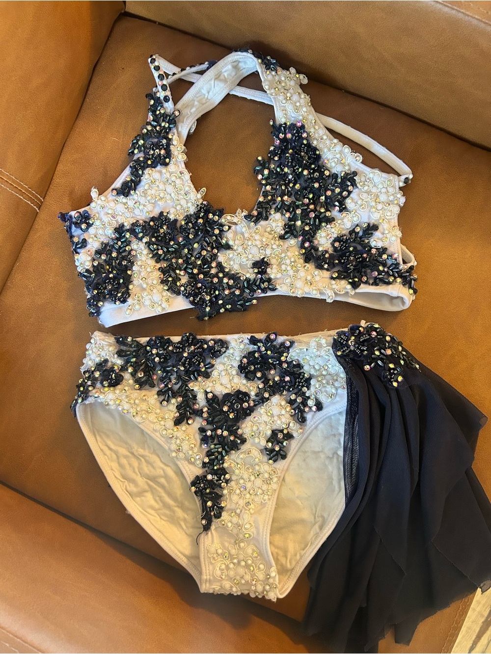 Embellished Two-Piece Dance Costume Set in White and Black
